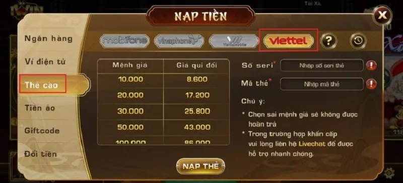Cách nạp tiền Iwin bằng card Viettel